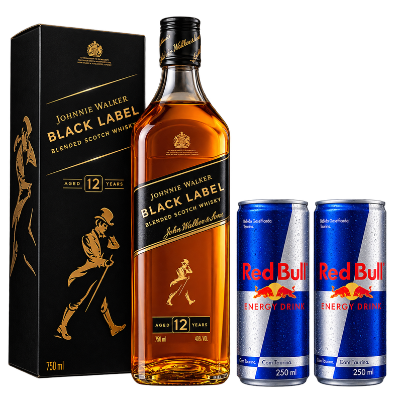 Kit Whisky Johnnie Walker Black Label 750ml + Energético Red Bull 250ml Com 2 Unidades