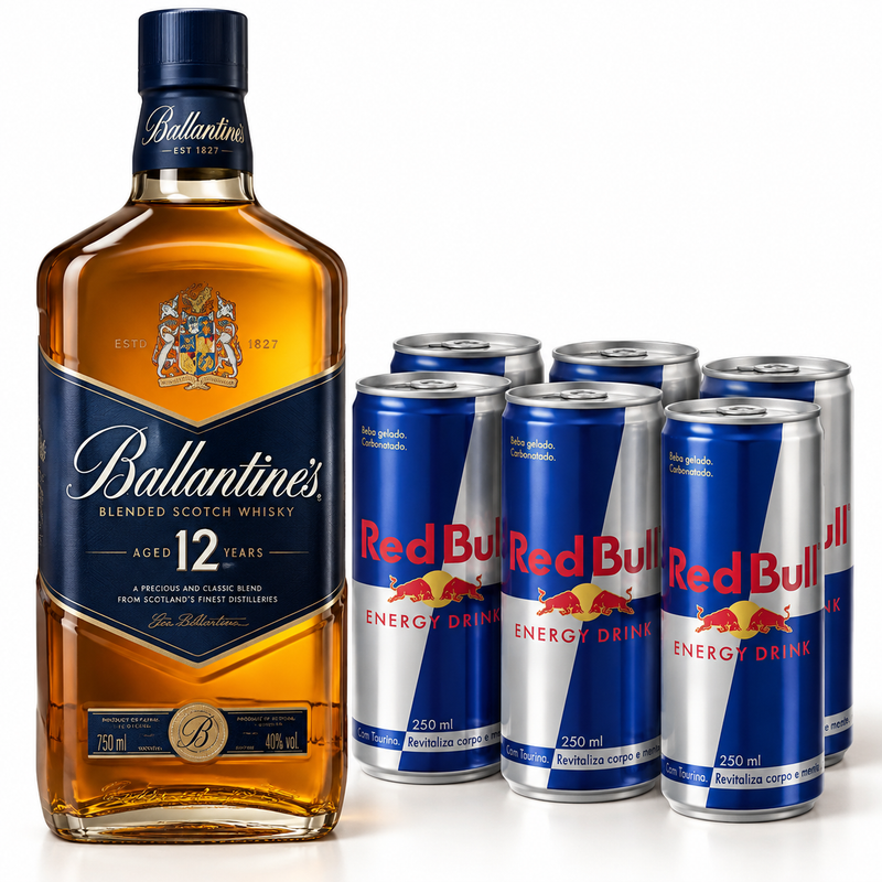 Kit Whisky BALLANTINE'S 12 anos 750ml 1un & 6x Energético RED BULL Energy Drink 250ml 6un
